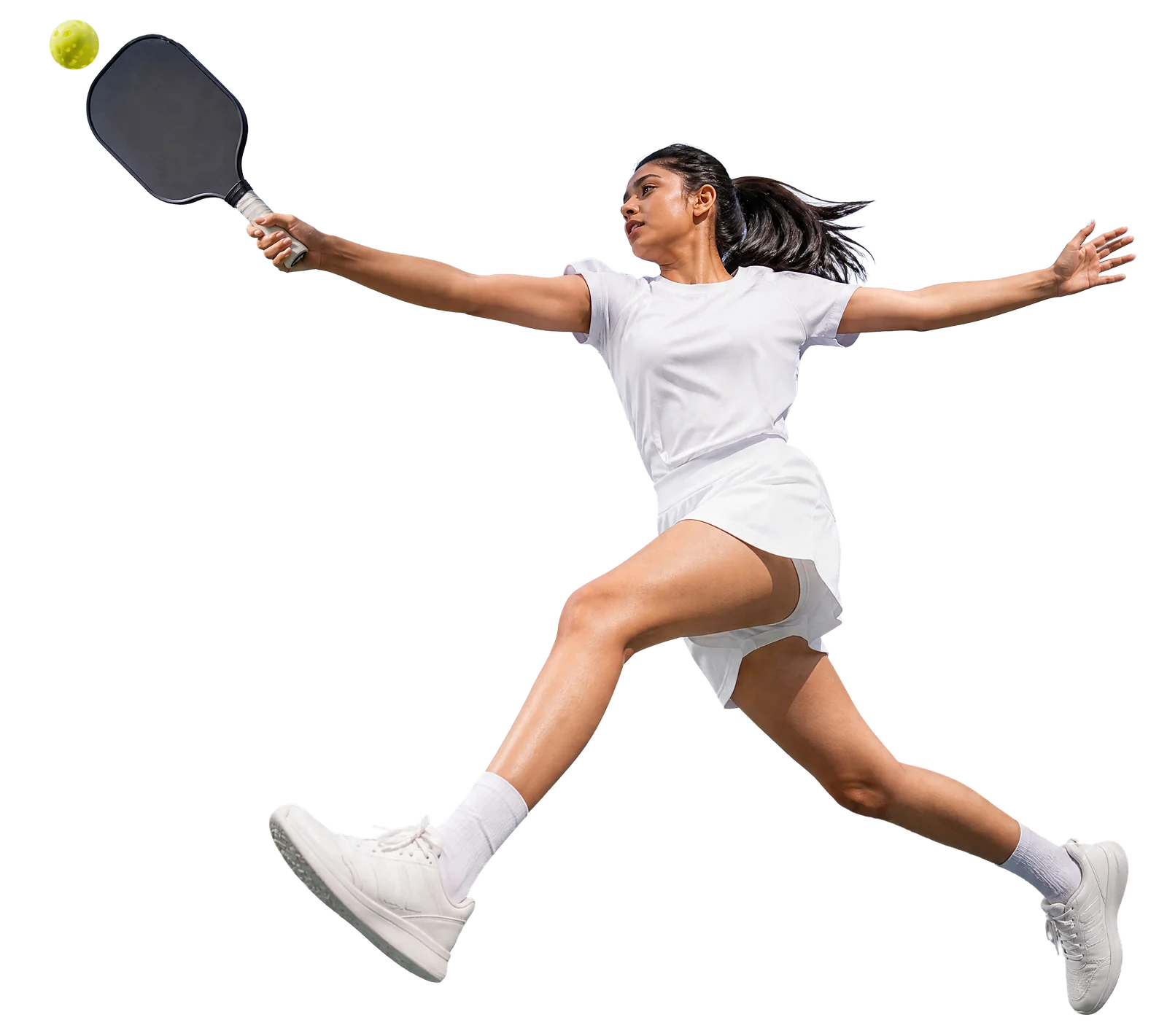 Pickleball player lunging for a return